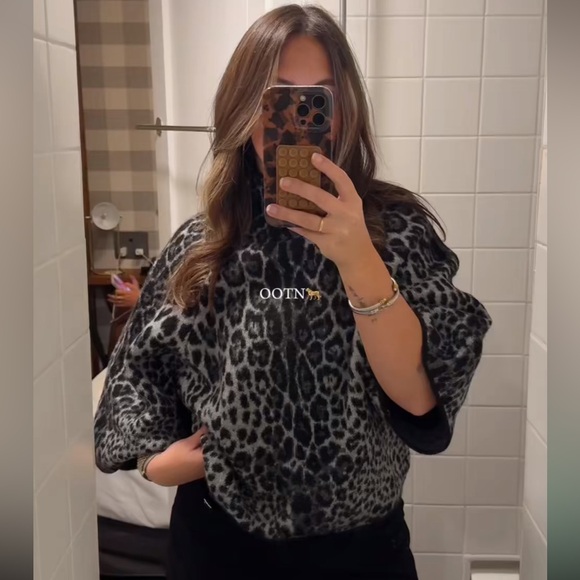 Zara NWT gray black snake skin print 3/4 sleeve wide sleeve knit sweater jumper - Picture 12 of 14